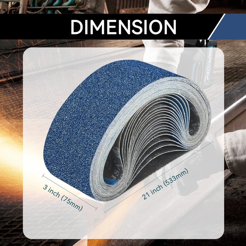 Clebay 3x21 Inch Sanding Belts 15 Pcs (3 Grit, 5 Each of 80, 120, 150 Grits) Heavy Duty Belt Sander Zirconia Belt Sander Paper for Wood, Metal, Stainless Steel, Automotive, and Furniture - Image 2